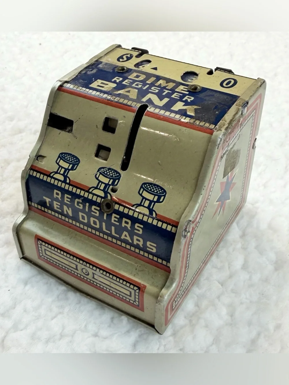 (VTG) J. CHEIN & CO • Tin Litho Mechanical Dime Register Coin Bank Made in USA